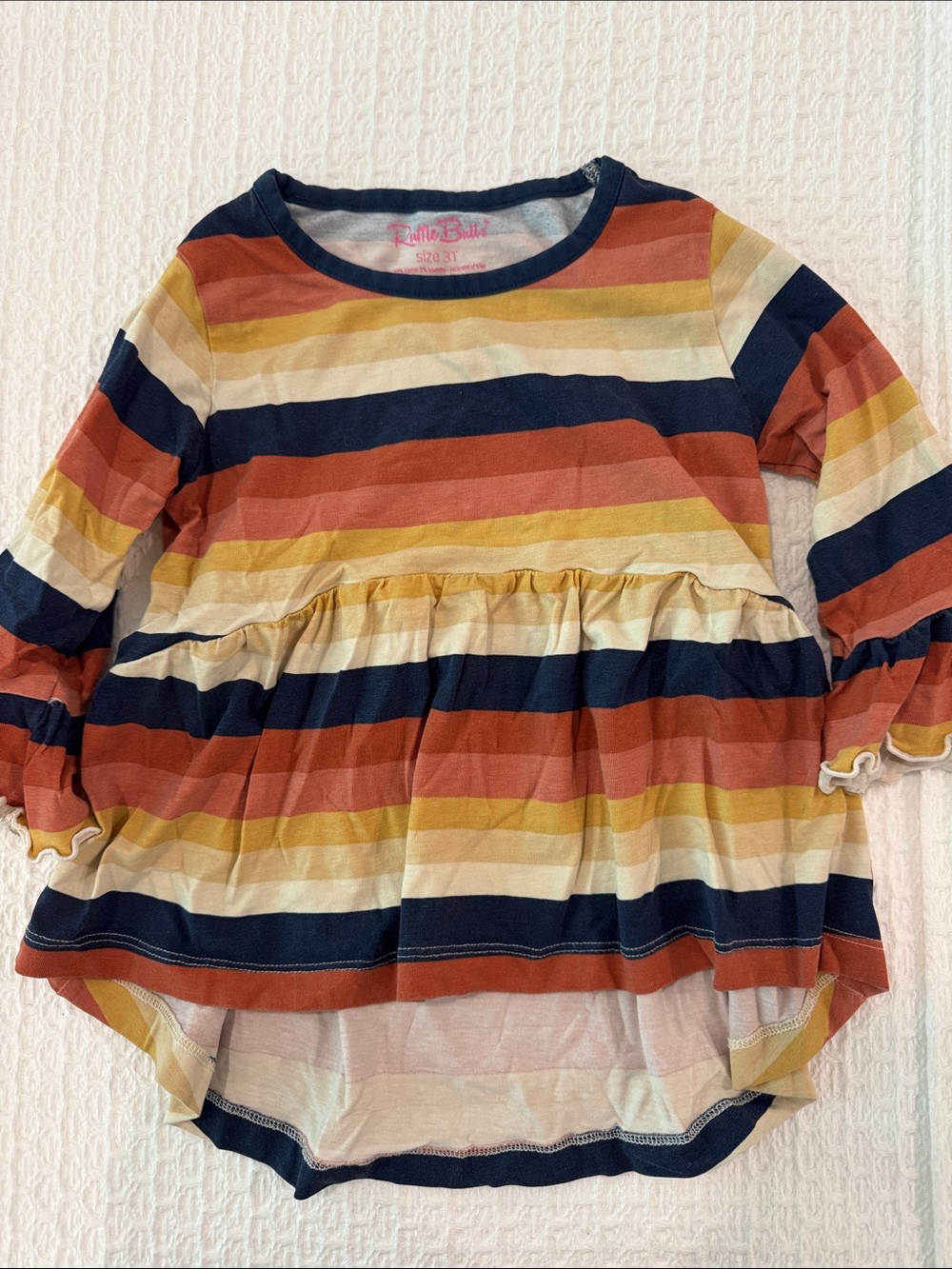 Ruffle Butts Navy, Rust & Mustard Striped Ruffle-Sleeve Hi-low Top